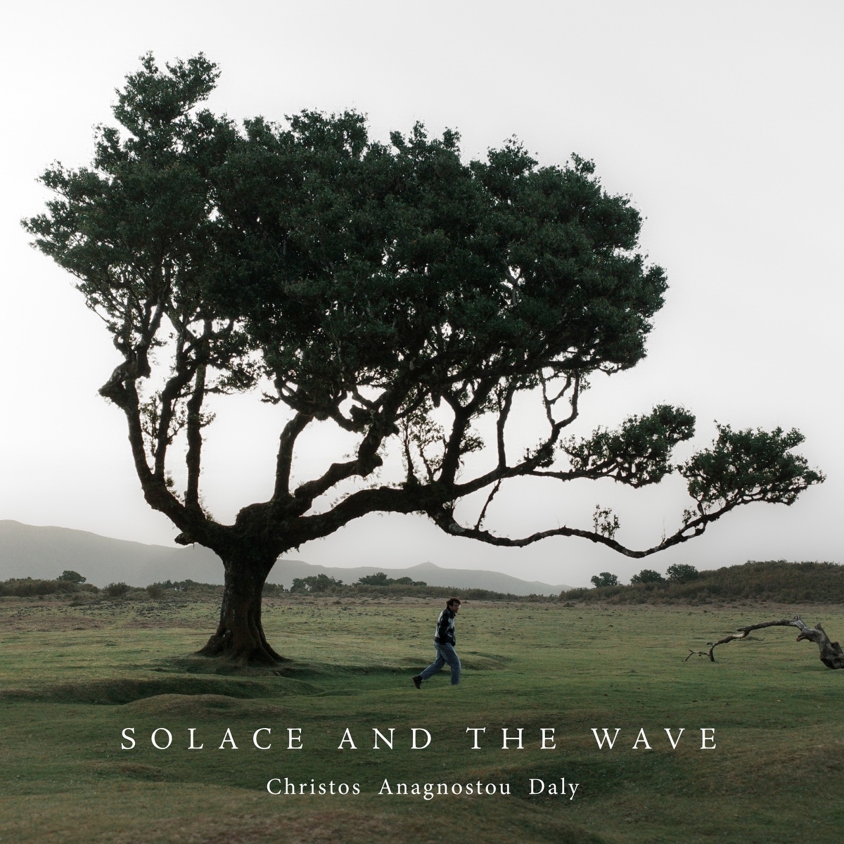 Solace and the Wave EP cover: a lone tree on a misty hillside, with the title and Christos Anagnostou Daly