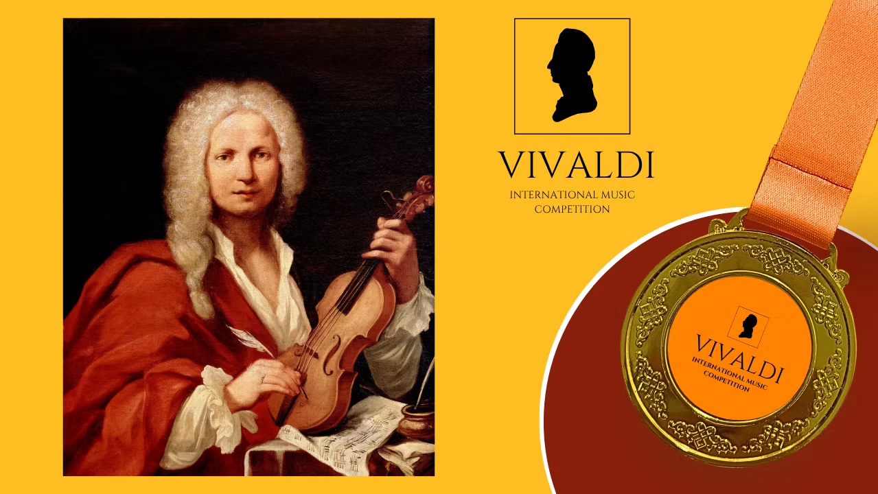 Vivaldi International Music Competition: a portrait of Antonio Vivaldi with the competition logo and medal